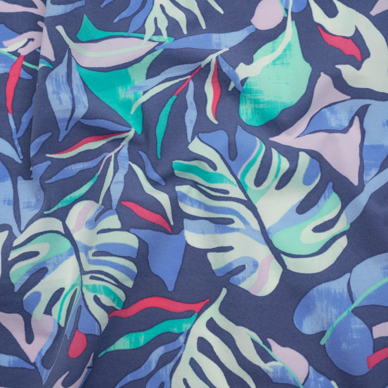 Stretch Nylon Crepe Print - Blue, Teal and Hot Pink Tropical Leaves - Deadstock