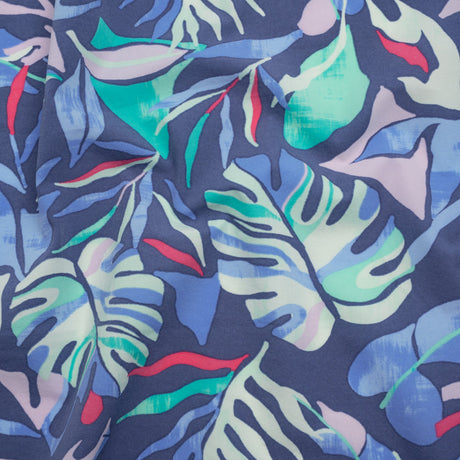 Stretch Nylon Crepe Print - Blue, Teal and Hot Pink Tropical Leaves - Deadstock