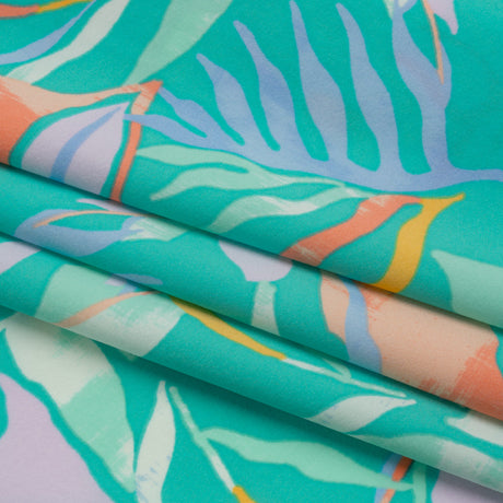 Stretch Nylon Crepe Print - Bright Teal, Periwinkle and Orange Tropical Leaves - Deadstock