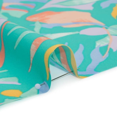 Stretch Nylon Crepe Print - Bright Teal, Periwinkle and Orange Tropical Leaves - Deadstock