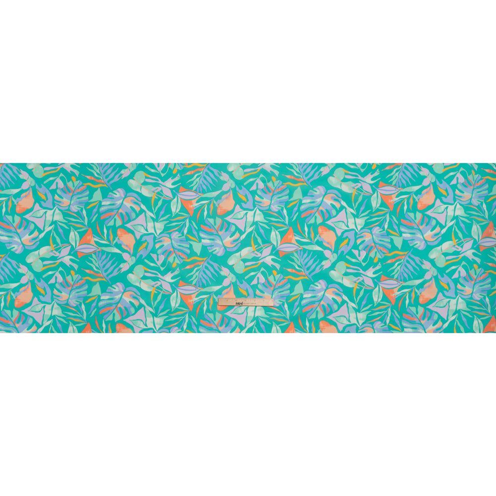 Stretch Nylon Crepe Print - Bright Teal, Periwinkle and Orange Tropical Leaves - Deadstock