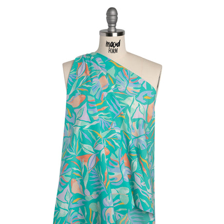 Stretch Nylon Crepe Print - Bright Teal, Periwinkle and Orange Tropical Leaves - Deadstock