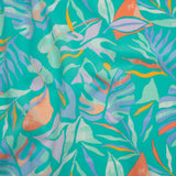 Stretch Nylon Crepe Print - Bright Teal, Periwinkle and Orange Tropical Leaves - Deadstock