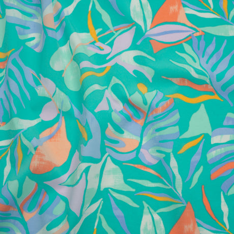 Stretch Nylon Crepe Print - Bright Teal, Periwinkle and Orange Tropical Leaves - Deadstock