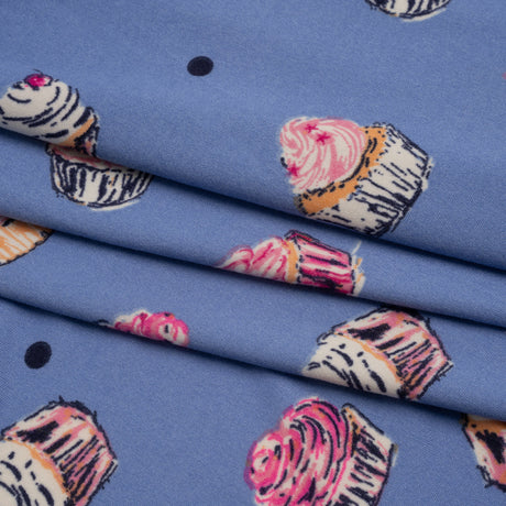 Stretch Polyester Jersey Print - Country Blue, Pink and Navy Cupcakes and Polka Dots - Deadstock