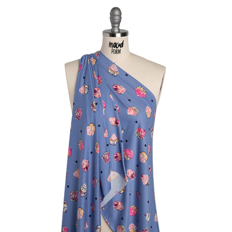 Stretch Polyester Jersey Print - Country Blue, Pink and Navy Cupcakes and Polka Dots - Deadstock