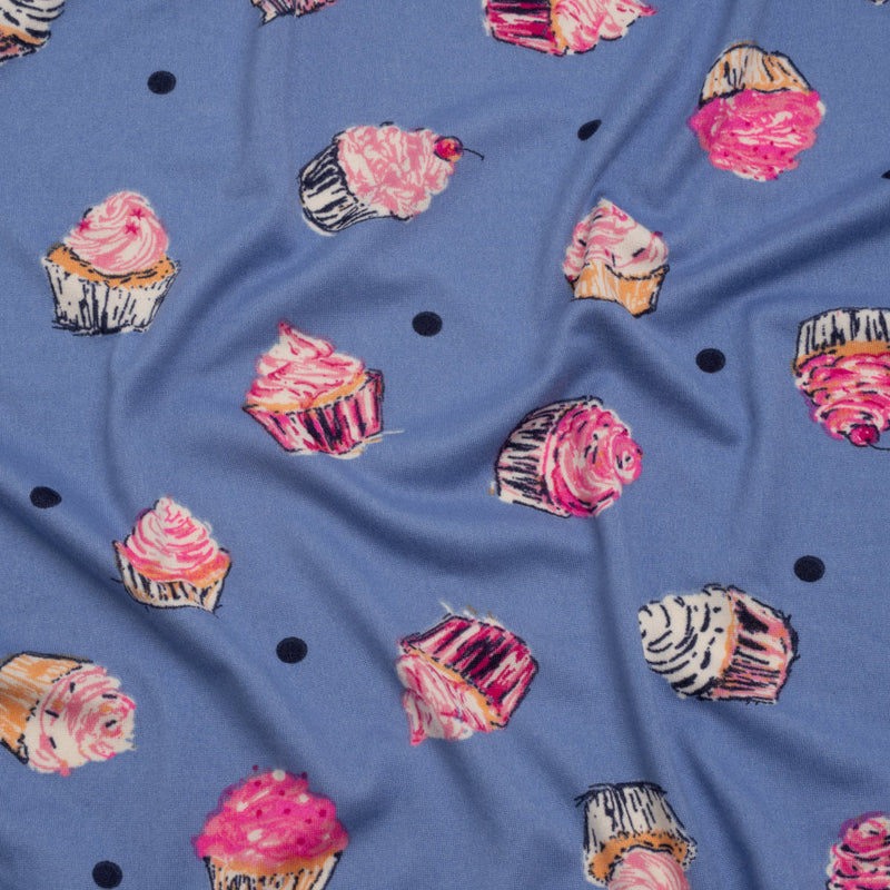 Stretch Polyester Jersey Print - Country Blue, Pink and Navy Cupcakes and Polka Dots - Deadstock