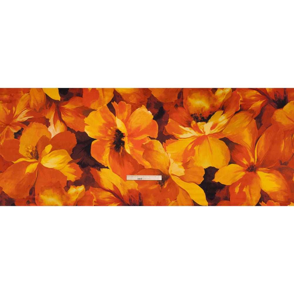 Silk Charmeuse Print 16MM, Made in Italy - Dark Orange, Golden Yellow and Russet Brown Painterly Flowers