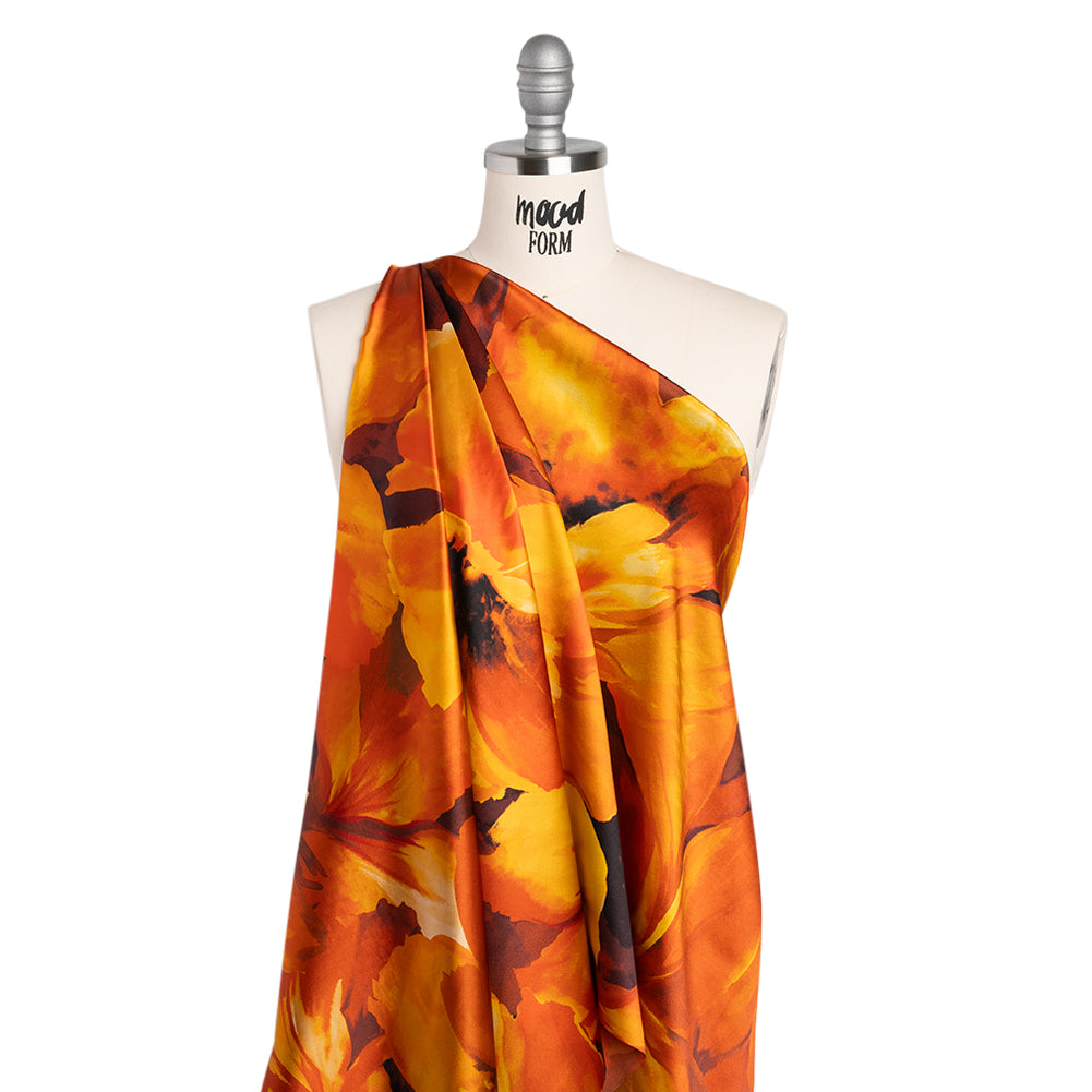 Silk Charmeuse Print 16MM, Made in Italy - Dark Orange, Golden Yellow and Russet Brown Painterly Flowers