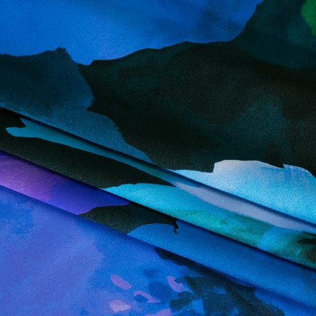 Silk Charmeuse Print 16MM, Made in Italy - Ocean Blue, Lavender, and Dark Green Painterly Flowers
