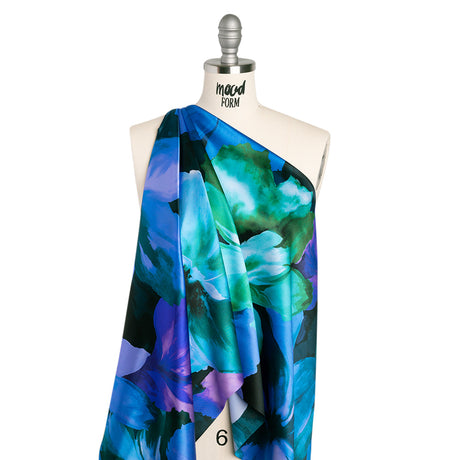 Silk Charmeuse Print 16MM, Made in Italy - Ocean Blue, Lavender, and Dark Green Painterly Flowers