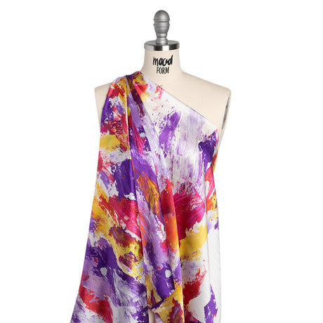Silk Charmeuse Print 16MM, Made in Italy - Purple, Hot Pink and Yellow Abstract Brushstrokes