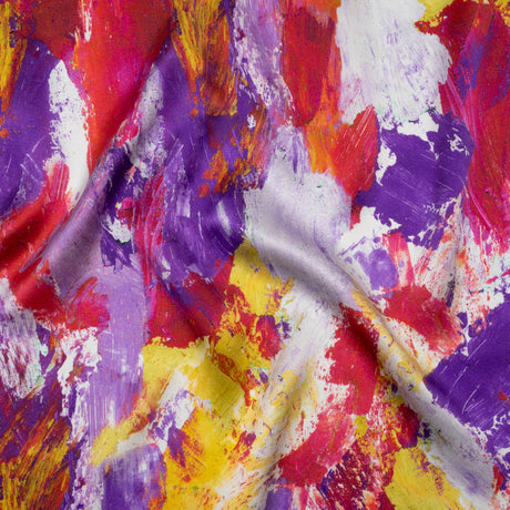 Silk Charmeuse Print 16MM, Made in Italy - Purple, Hot Pink and Yellow Abstract Brushstrokes