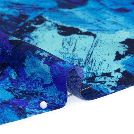 Silk Charmeuse Print 16MM, Made in Italy - Cobalt, Sky Blue and Teal Abstract Brushstrokes