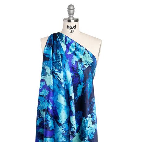 Silk Charmeuse Print 16MM, Made in Italy - Cobalt, Sky Blue and Teal Abstract Brushstrokes