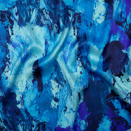 Silk Charmeuse Print 16MM, Made in Italy - Cobalt, Sky Blue and Teal Abstract Brushstrokes