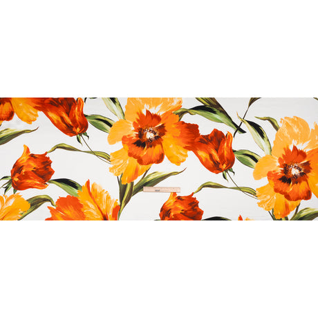 Silk Charmeuse Print 16MM, Made in Italy - Golden Orange, Green and White Painted Tulip Garden