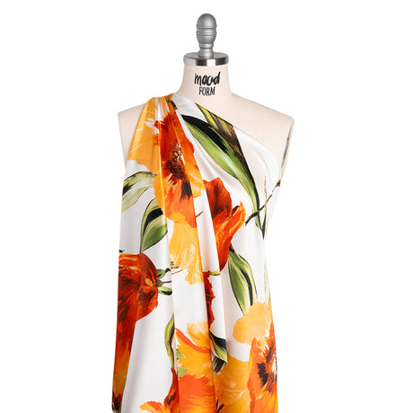 Silk Charmeuse Print 16MM, Made in Italy - Golden Orange, Green and White Painted Tulip Garden