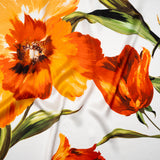Silk Charmeuse Print 16MM, Made in Italy - Golden Orange, Green and White Painted Tulip Garden