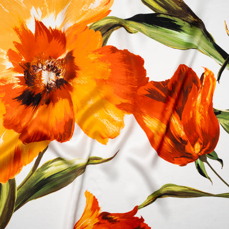Silk Charmeuse Print 16MM, Made in Italy - Golden Orange, Green and White Painted Tulip Garden