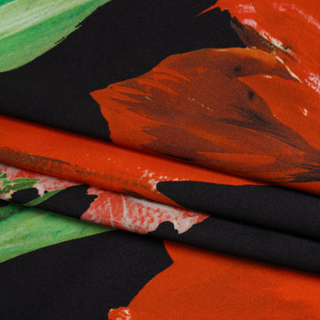 Silk Charmeuse Print 16MM, Made in Italy - Scarlet Red, Green and Black Painted Tulip Garden