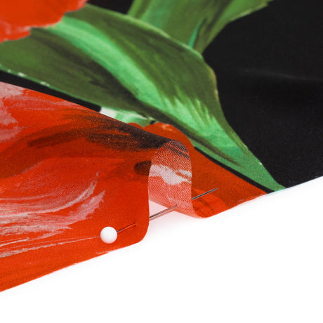 Silk Charmeuse Print 16MM, Made in Italy - Scarlet Red, Green and Black Painted Tulip Garden