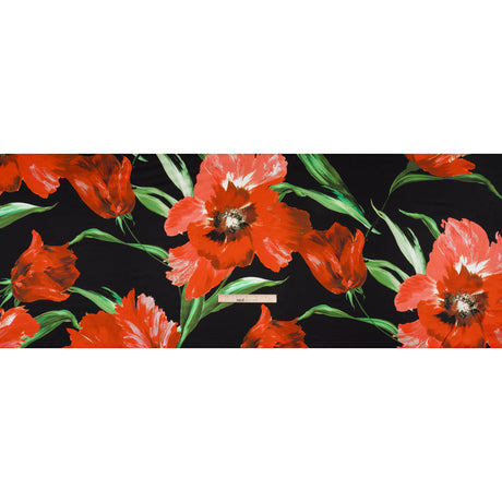 Silk Charmeuse Print 16MM, Made in Italy - Scarlet Red, Green and Black Painted Tulip Garden