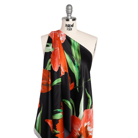 Silk Charmeuse Print 16MM, Made in Italy - Scarlet Red, Green and Black Painted Tulip Garden