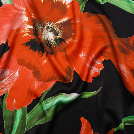 Silk Charmeuse Print 16MM, Made in Italy - Scarlet Red, Green and Black Painted Tulip Garden
