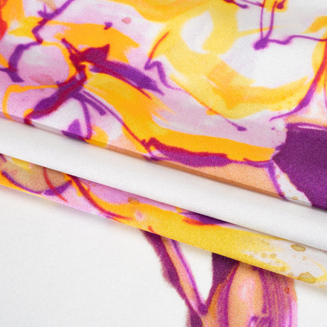 Silk Charmeuse Print 16MM, Made in Italy - Purple, Yellow and Beige Rose Garden Sketches on White