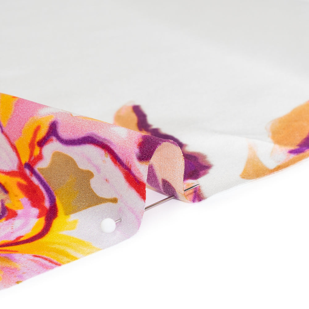 Silk Charmeuse Print 16MM, Made in Italy - Purple, Yellow and Beige Rose Garden Sketches on White