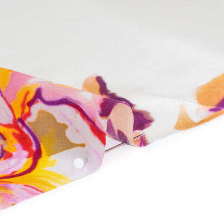 Silk Charmeuse Print 16MM, Made in Italy - Purple, Yellow and Beige Rose Garden Sketches on White