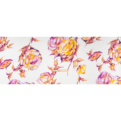 Silk Charmeuse Print 16MM, Made in Italy - Purple, Yellow and Beige Rose Garden Sketches on White