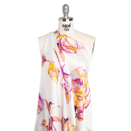 Silk Charmeuse Print 16MM, Made in Italy - Purple, Yellow and Beige Rose Garden Sketches on White