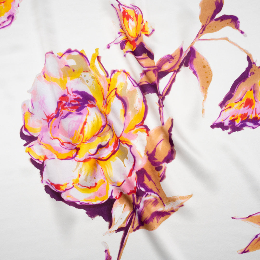 Silk Charmeuse Print 16MM, Made in Italy - Purple, Yellow and Beige Rose Garden Sketches on White