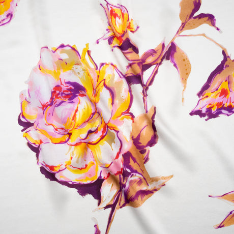 Silk Charmeuse Print 16MM, Made in Italy - Purple, Yellow and Beige Rose Garden Sketches on White