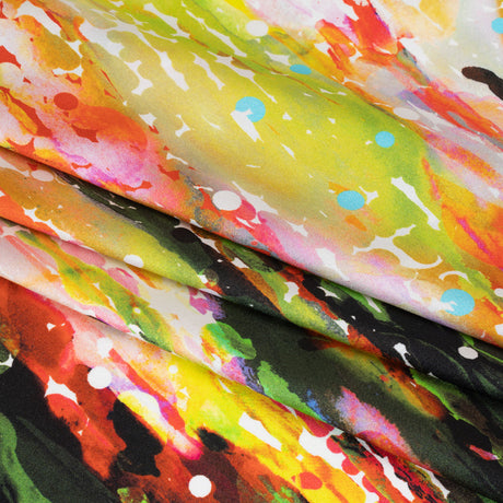 Silk Charmeuse Panel 16MM, Made in Italy - Olive Green, Red and Yellow Streaks and Spots