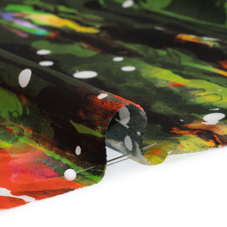 Silk Charmeuse Panel 16MM, Made in Italy - Olive Green, Red and Yellow Streaks and Spots