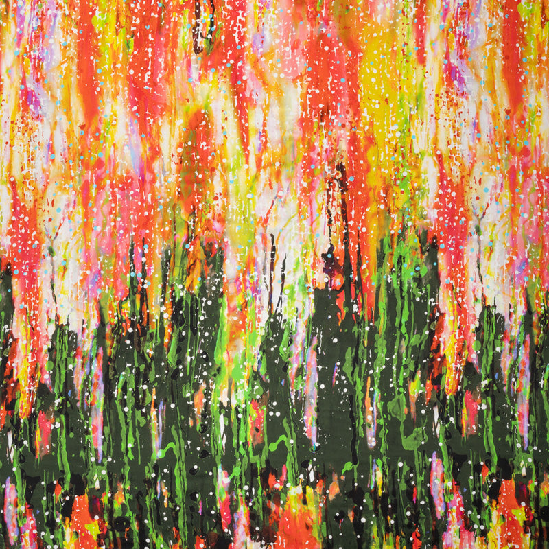 Silk Charmeuse Panel 16MM, Made in Italy - Olive Green, Red and Yellow Streaks and Spots