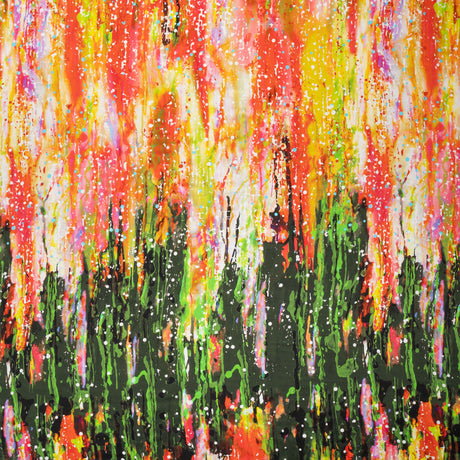 Silk Charmeuse Panel 16MM, Made in Italy - Olive Green, Red and Yellow Streaks and Spots