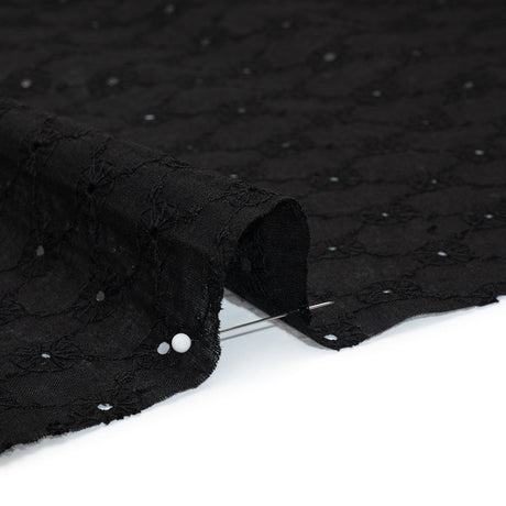 Embroidered Eyelet Cotton Voile - Black Flower Lattice - Naomi Collection