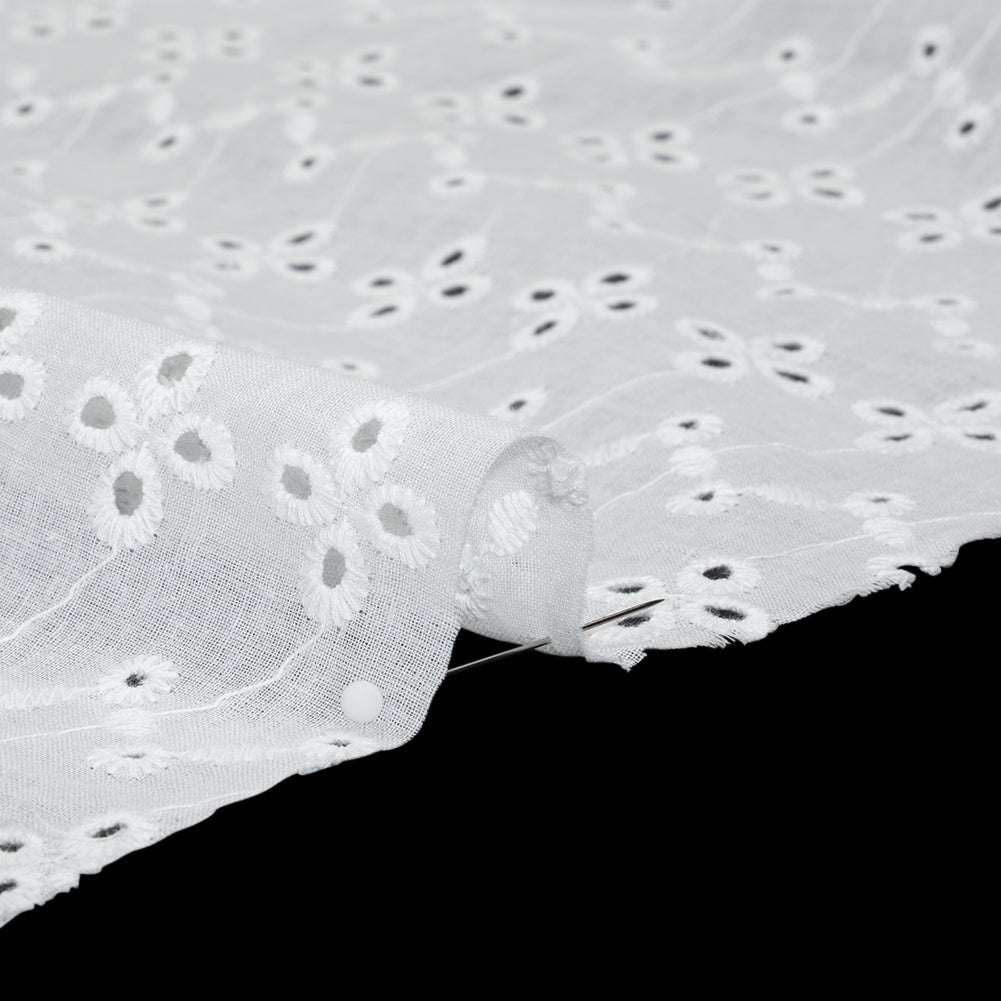 Embroidered Eyelet Cotton Voile - White Floral Zig Zags and Stripes - Naomi Collection