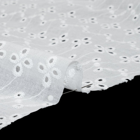 Embroidered Eyelet Cotton Voile - White Floral Zig Zags and Stripes - Naomi Collection