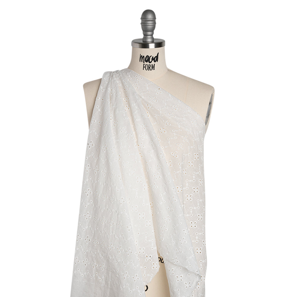 Embroidered Eyelet Cotton Voile - White Floral Zig Zags and Stripes - Naomi Collection