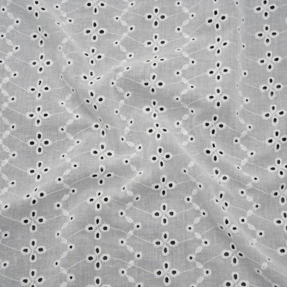 Embroidered Eyelet Cotton Voile - White Floral Zig Zags and Stripes - Naomi Collection