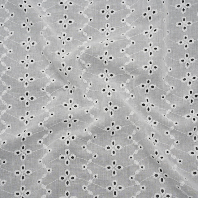 Embroidered Eyelet Cotton Voile - White Floral Zig Zags and Stripes - Naomi Collection