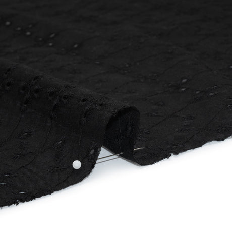 Embroidered Eyelet Cotton Voile - Black Floral Zig Zags and Stripes - Naomi Collection
