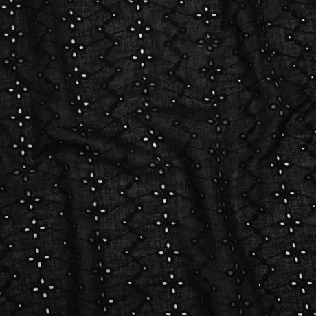 Embroidered Eyelet Cotton Voile - Black Floral Zig Zags and Stripes - Naomi Collection