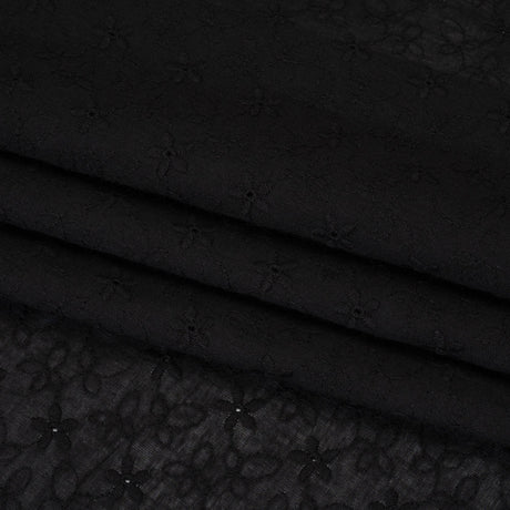 Embroidered Eyelet Cotton Voile - Black Daisies and Leaves - Naomi Collection