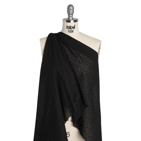 Embroidered Eyelet Cotton Voile - Black Daisies and Leaves - Naomi Collection
